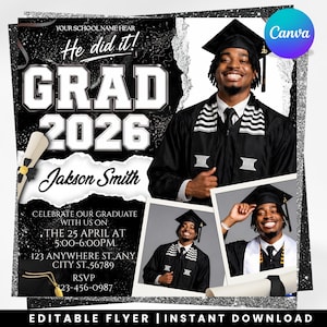 以下が含まれることがあります： 「GRAD 2026」と「He did it！」の文字が入った、白黒の卒業発表。卒業生のキャップとガウンの写真が特徴です。発表にはイベントの詳細とRSVP情報が含まれています。