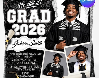 Graduation Flyer 2026 Black White Invitation Template, High School College Graduation Party Invite, DIY Text, Instant Download