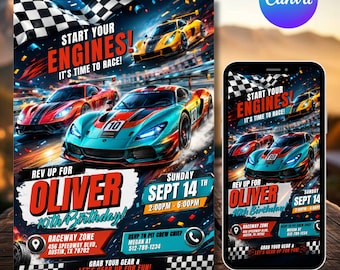 Rennauto-Geburtstags-Einladung bearbeitbare Canva-Vorlage | Racing Party einladen | Jungen Rennauto-Geburtstagseinladung | Druckbare Instant Download