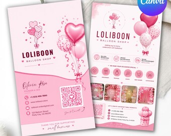 Rosa Ballon Visitenkarte Vorlage | Bearbeitbare Canva Kontaktkarte | Instagram QR Code Design | Kleine Unternehmen Branding | Digitaler Download