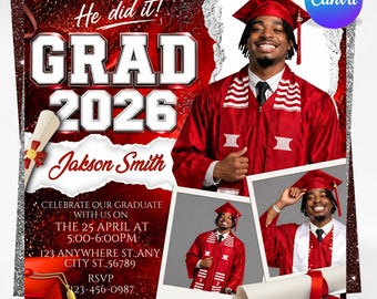 Graduation Flyer 2026 Rot, Einladung Vorlage, High School College Abschluss Party einladen, DIY Text, Sofort Download