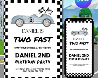 Zwei schnelle Geburtstagseinladung, Vintage Rennauto Party, DIY Text, Sofort Download