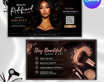 Plantilla editable de tarjeta de presentación para maquillaje, tarjeta de belleza con código QR (descarga digital)