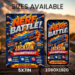 Kids Nerf Birthday Invitation Template, Nerf Party Invite, Editable Canva Birthday Invitation,DIY Text, Instant Download