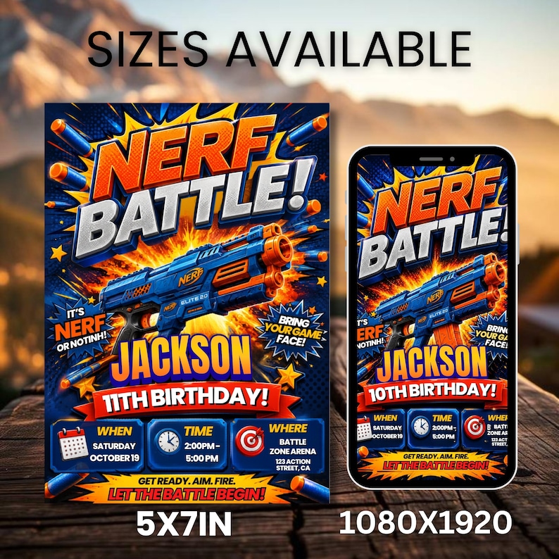 Kids Nerf Birthday Invitation Template, Nerf Party Invite, Editable Canva Birthday Invitation,DIY Text, Instant Download