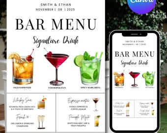 Hochzeit Bar Menü Schild Vorlage, Signature Getränke Schild, DIY Text, Sofort Download