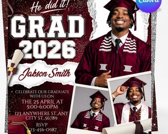 Graduation Flyer 2026 Kastanienbraune Einladungsvorlage, Canva Bearbeitbare High School College Grad Party einladen, DIY Text, Sofort Download