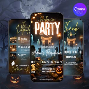 Puede incluir: Tres pantallas de smartphone que muestran una plantilla de invitación digital para una fiesta de Halloween. El diseño presenta un cementerio oscuro y espeluznante con calabazas brillantes, fantasmas y el texto Halloween PARTY, Adam's Residance.