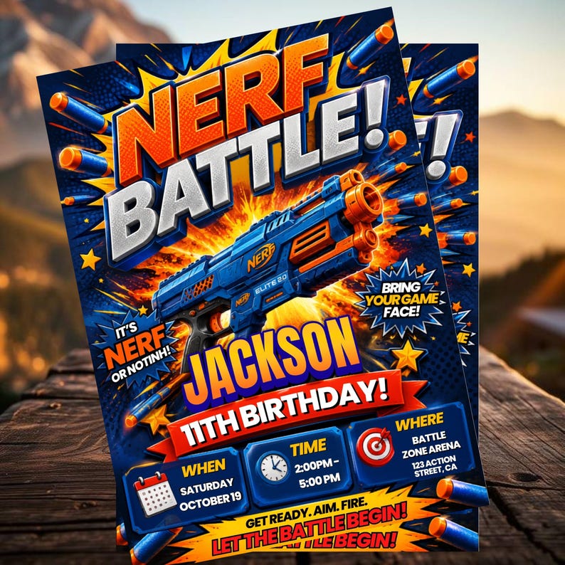 Kids Nerf Birthday Invitation Template, Nerf Party Invite, Editable Canva Birthday Invitation,DIY Text, Instant Download