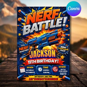 Kids Nerf Birthday Invitation Template, Nerf Party Invite, Editable Canva Birthday Invitation,DIY Text, Instant Download