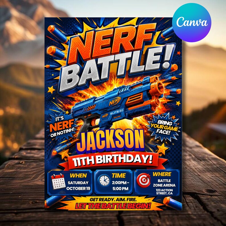 Kids Nerf Birthday Invitation Template, Nerf Party Invite, Editable Canva Birthday Invitation,DIY Text, Instant Download