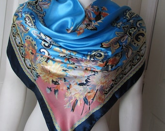 SCARF Baby Blue/ Pink/Navy/Yellow Floral Large 35x35  SQUARE SCARF
