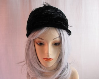 1960s Velvet and Feather  PILLBOX HAT Black