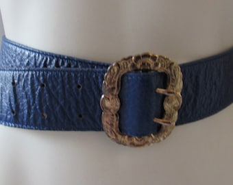 Belt Carlos Falchi Blue Leather Belt: Equestrian Brass Buckle, Brazil