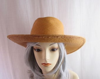 Cappello PANAMA autentico da donna in paglia/pelle con cinturino sotto il mento intrecciato in Ecuador