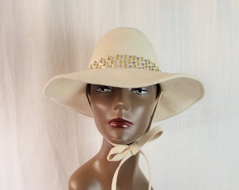 Womans wool Hat with chin strap gold rhinestone headband detail ADOLFO  New York Paris vintage 80s