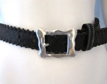 Belt Vintage Hand Tooled Black Leather Belt: Silver Buckle, Western Style