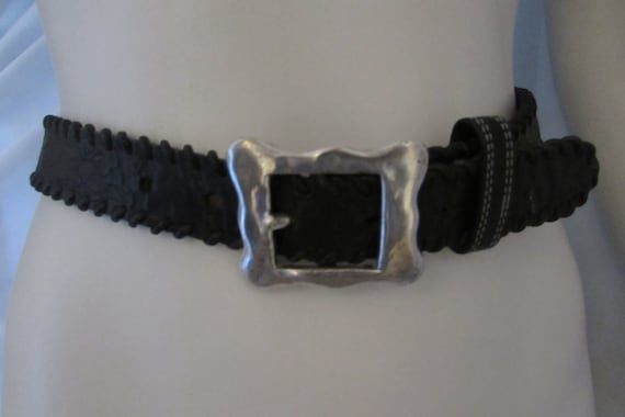 Vintage Black Leather Belt hand tooled  Silver Bu… - image 1
