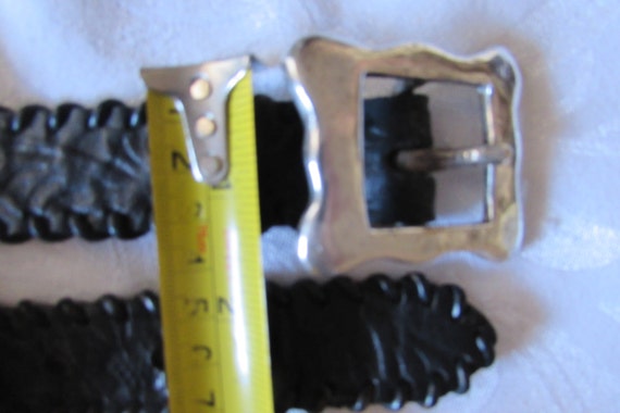Vintage Black Leather Belt hand tooled  Silver Bu… - image 4
