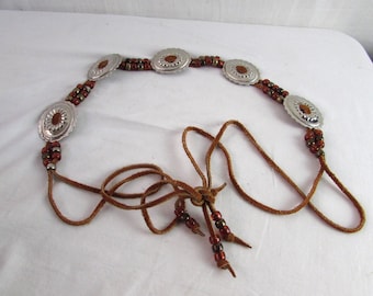 BELT vintage Concho Brown Suede with orange beads Tie on