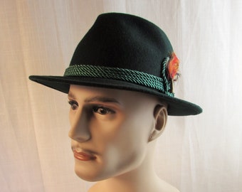 Large Green Wool Fedora with Pheasant Feather and green cording around the crown Germann Hat