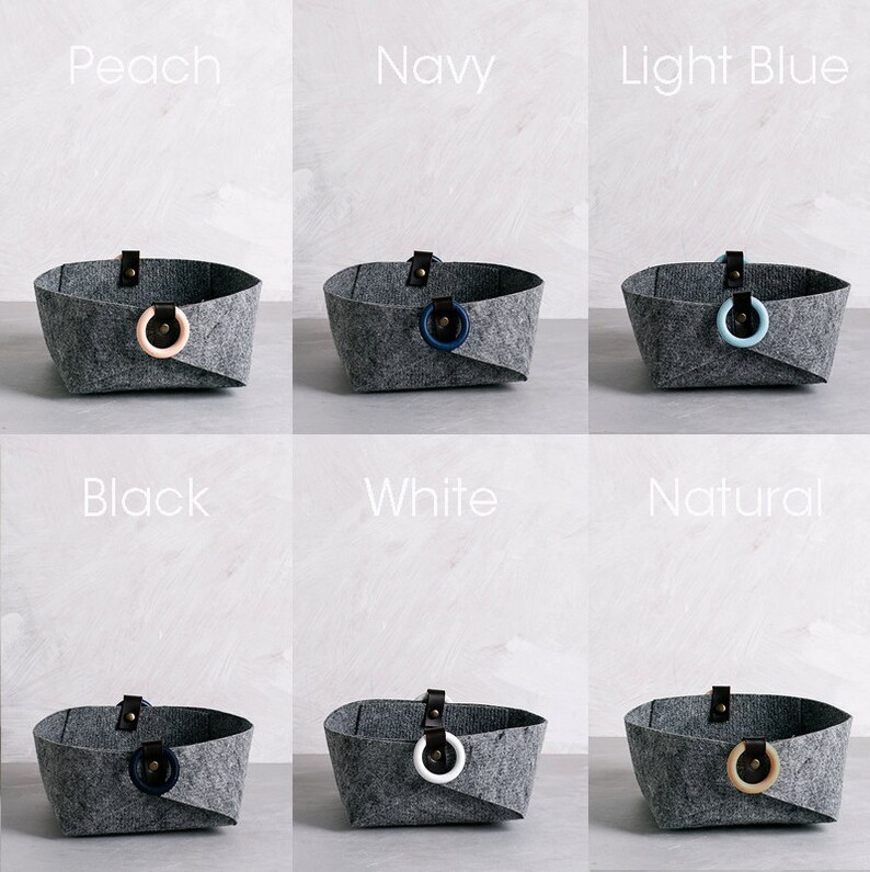 Small felt basket with navy handles and leather desk Etsy