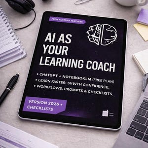Könnte beinhalten: Ein Tablet mit der Aufschrift "AI AS YOUR LEARNING COACH" mit Informationen zu ChatGPT und Checklisten. Das Tablet ist umgeben von Kopfhörern, einer Kaffeetasse, einem Notizbuch, einem Stift und einem Laptop. Der Text ist weiß auf dunklem Hintergrund.