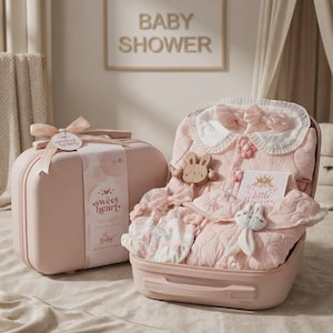 Op de afbeelding: Een roze babycadeauset in een bijpassende koffer. De set bevat een gewatteerd jasje met een witte kraag, een houten konijnenrammelaar, een wit pluche konijnenspeeltje en een kaartje met de tekst Little Princess. De koffer heeft een Sweet Heart-label.