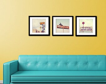 Route 66 Photograph Set, Motel Sign Decor, Mother Road Print Set, Vintage Retro Motel Sign Wall Art - Road Trip (Set of 3 Square Prints)