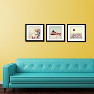 Route 66 Photograph Set, Motel Sign Decor, Mother Road Print Set, Vintage Retro Motel Sign Wall Art - Road Trip (Set of 3 Square Prints)