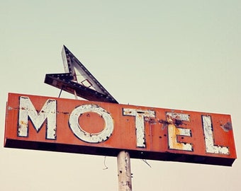 Retro Roadside Route 66 Motel Sign Photography Print, Albuquerque Neon Motel Arrow, Mid Century Red and White Vintage Sign