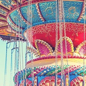 Santa Cruz Beach Boardwalk Photography Print, Rainbow Swings Carnival Ride Photograph, Bright Retro Nursery Wall Decor