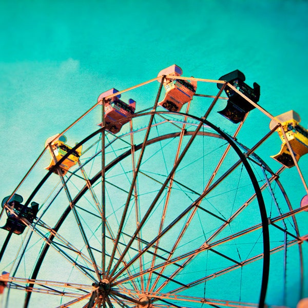 Aquamarine Dream Ferris Wheel Photography Print, Colorful Kids Room Wall Art, Santa Cruz Boardwalk Carnival Ride Pop Art Print