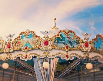 Paris Carousel Carnival Nursery Wall Art Dreamy Vintage Parisian Merry-Go-Round Carousel Bright Colorful Photography Poster Print Wall Decor