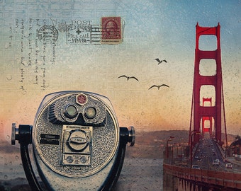 May include: A vintage-style postcard with a red and white stamp featuring a red cross and the text "Red Cross Roll Call Japan". The postcard has a handwritten message and a blurry image of the Golden Gate Bridge in the background. A vintage-style coin-operated telescope is in the foreground.