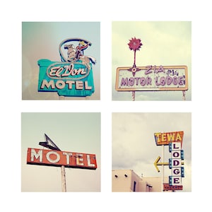 Route 66 Motel Sign Photography Set, Tewa Lodge Route 66 Decor, Mother Road Print Set, Vintage Pastels Motel Sign Wall Art