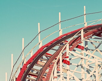 Fun Retro Santa Cruz Giant Dipper Rollercoaster Photograph, Aqua Blue Sky, Red White Roller Coaster Vintage Nursery Decor - Coast