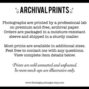 May include: Text on a white background with black text that reads "ARCHIVAL PRINTS". The text explains that photographs are printed by a professional lab on premium acid-free, archival paper. Orders are packaged in a moisture-resistant sleeve and shipped in a sturdy mailer. Most prints are available in additional sizes. Feel free to contact me with any questions. View complete item details below. Prints are sold unmatted and unframed. In room mock-ups are illustrative only. www.NostalgiqueImages.etsy.com