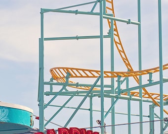 Retro Santa Cruz Boardwalk Sign, Teal and Yellow Roller Coaster Ride, California Seaside Boardwalk Summers Photo Print