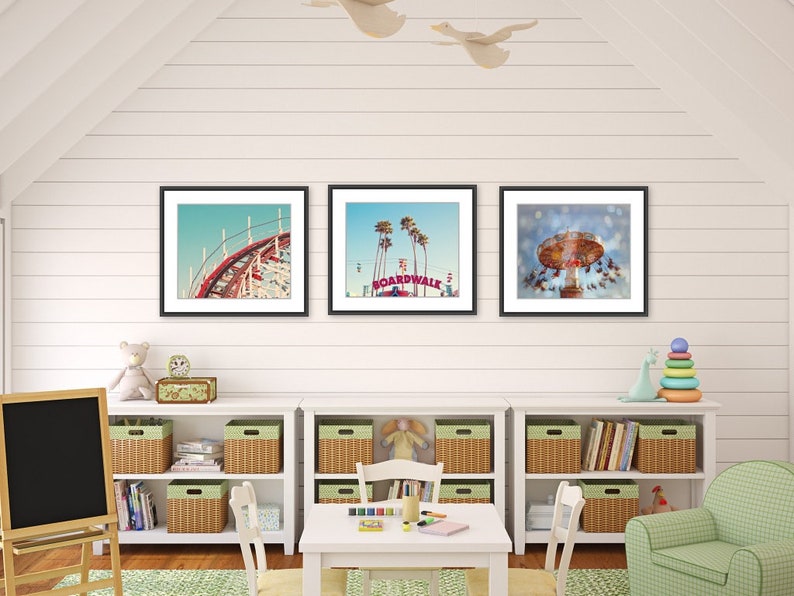 Fun Retro Santa Cruz Giant Dipper Rollercoaster Photograph, Aqua Blue Sky, Red White Roller Coaster Vintage Nursery Decor Coast image 2