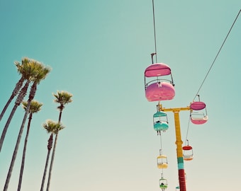 Santa Cruz Boardwalk Photograph – Retro Pastel Beach Wall Art Print – California Coastal Decor – Sky Glider Photo
