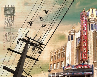 May include: A vintage postcard with a faded image of a movie theater with a large red sign that reads "FOX OAKLAND". The postcard has a stamp and handwritten text.
