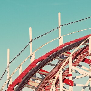 Fun Retro Santa Cruz Giant Dipper Rollercoaster Photograph, Aqua Blue Sky, Red White Roller Coaster Vintage Nursery Decor Coast image 5