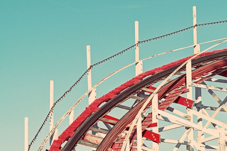 Fun Retro Santa Cruz Giant Dipper Rollercoaster Photograph, Aqua Blue Sky, Red White Roller Coaster Vintage Nursery Decor Coast image 5