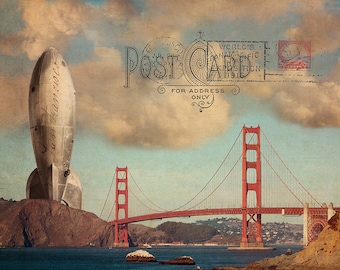 San Francisco Art Poster, SF Golden Gate Bridge Rocket Ship Art Collage, San Francisco Urban Photography Collage Print