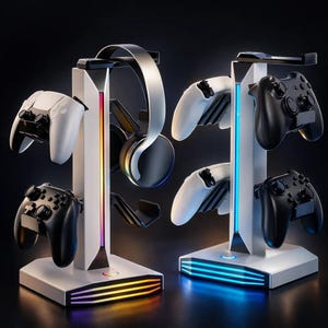 以下が含まれることがあります： LEDライト付きの白とシルバーのゲームコントローラー用スタンド2つ。各スタンドは複数のコントローラーとヘッドセットを保持します。1つのスタンドはレインボーライト、もう1つはブルーライトです。黒と白のコントローラーが表示されています。