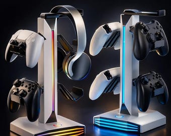 RGB Gaming Controller Stand, Headphone Holder Dock, 7 LED Modes, 2 USB + Type-C Charger, PS5 PS4 Xbox Switch Organizer Gift
