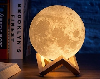 Realistic Moon Lamp Night Light, Galaxy LED Bedroom Decor, Wooden Stand (Battery Powered)