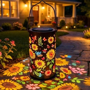 May include: A cylindrical black metal solar lantern featuring cut-out patterns of sunflowers, leaves, and butterflies. The lantern has a top handle and a solar panel on the lid, casting colorful, glowing floral projections onto the ground below.