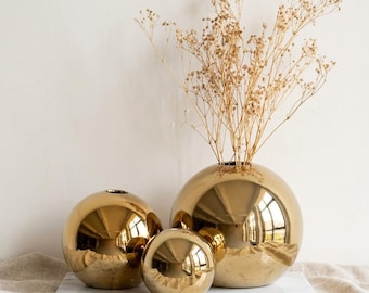 Golden Ceramic Ball Vase, Hydroponic Flower Pot, Modern Home Decor, Luxury Table Ornament, Minimalist Gift